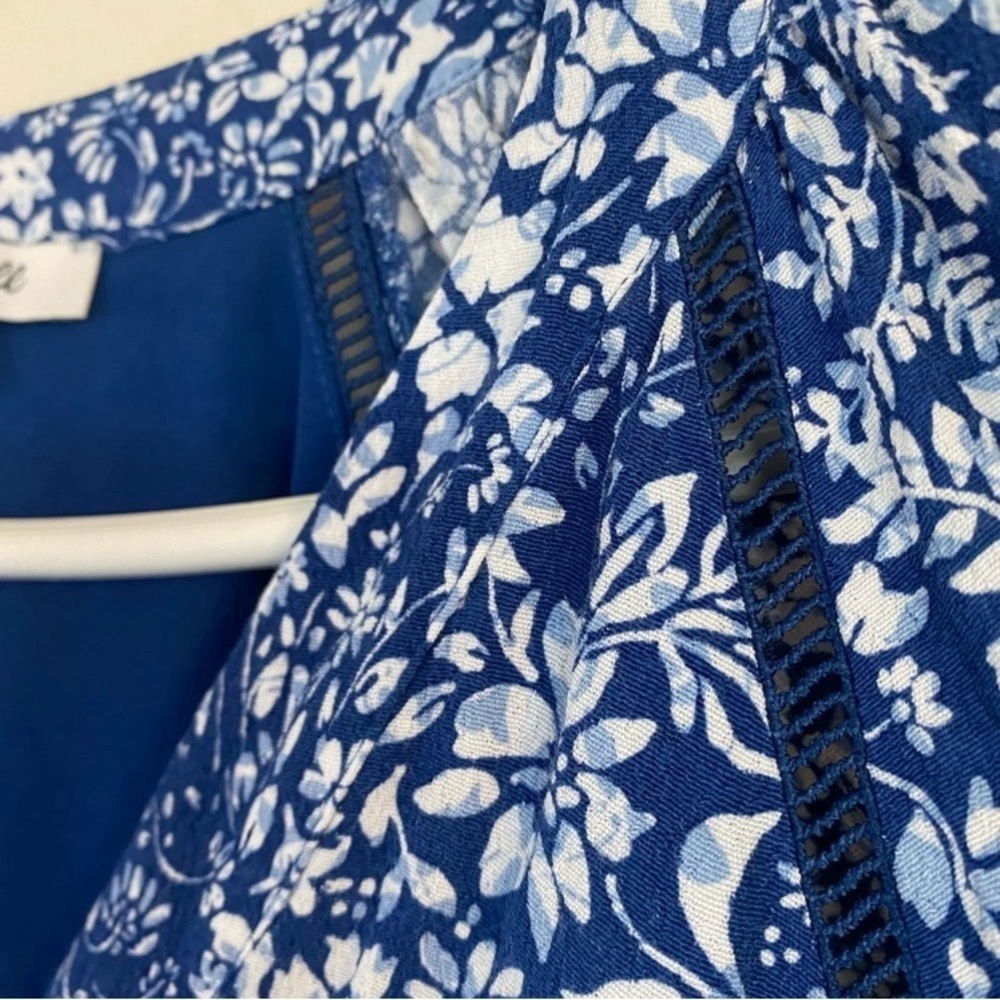 Madewell Blue White Ditsy Floral Flowy mini dress V-neck long sleeve oversized - Picture 6 of 9